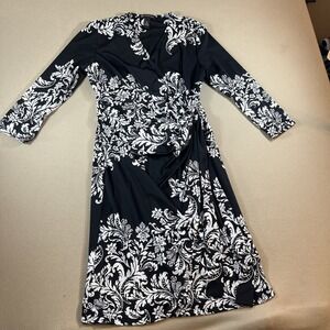 INC Wrap‎ Dress Med V-Neck Knee-Length Tie Waist 3/4 Sleeve Black White Tropical